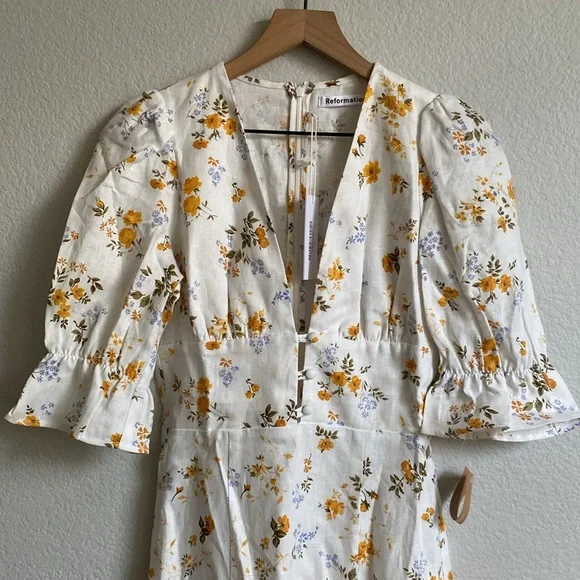 Reformation Maribel Linen Midi Floral Dress Puff Short Sleeves V Neck Tansy 4 - Picture 7 of 14